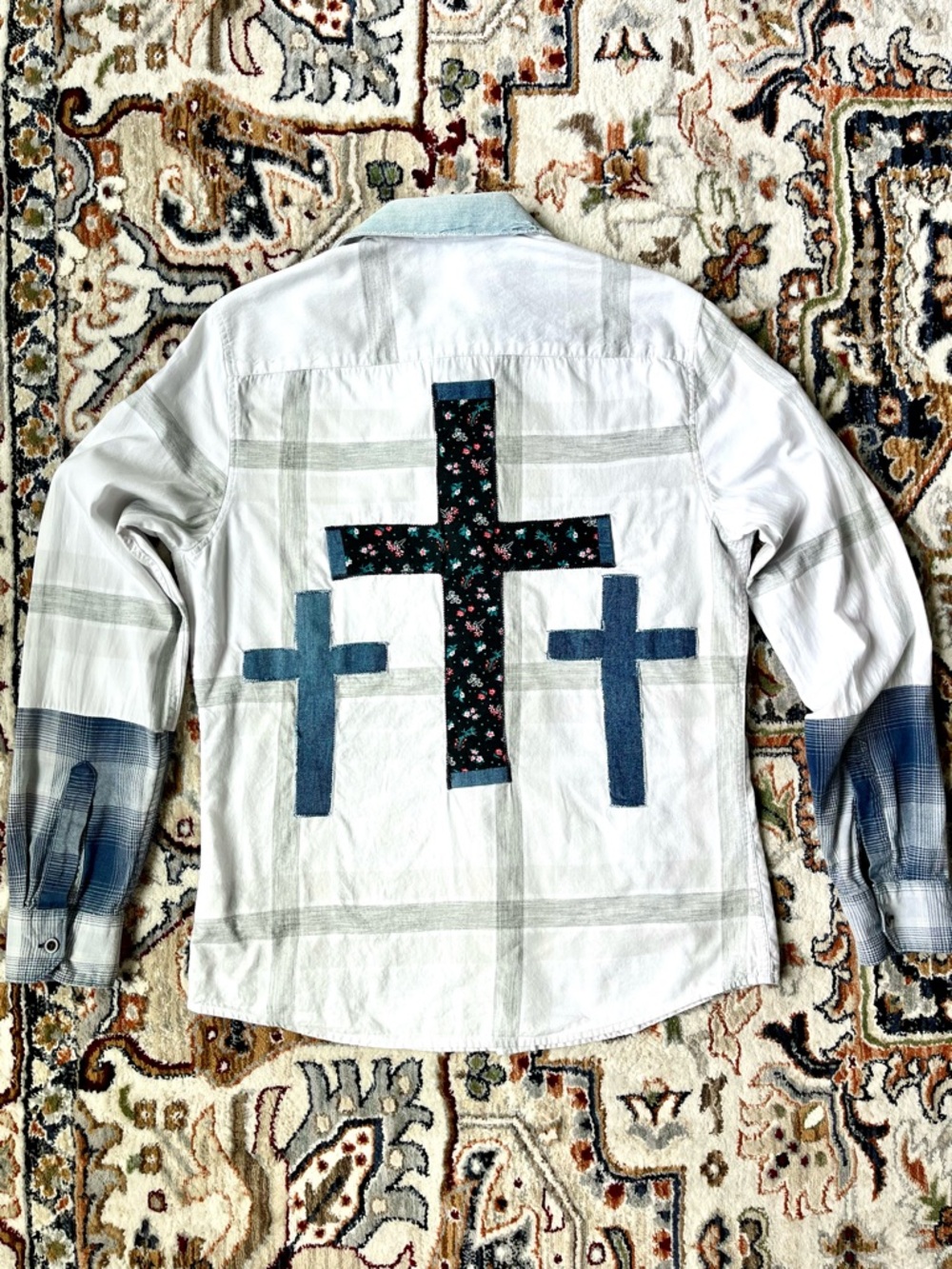Cross Upcycled Plaid Shirt Grey White Unisex OOAK Jesus Christian Small